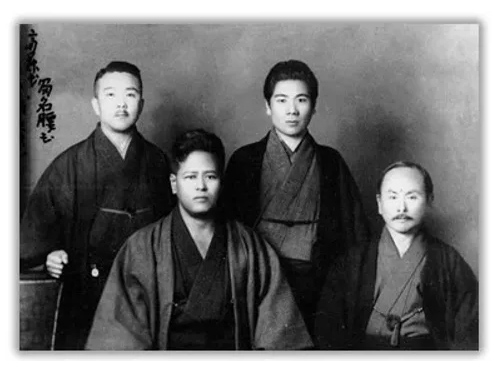 Master Funakoshi (Lower right) with fellow young Okinawan Masters